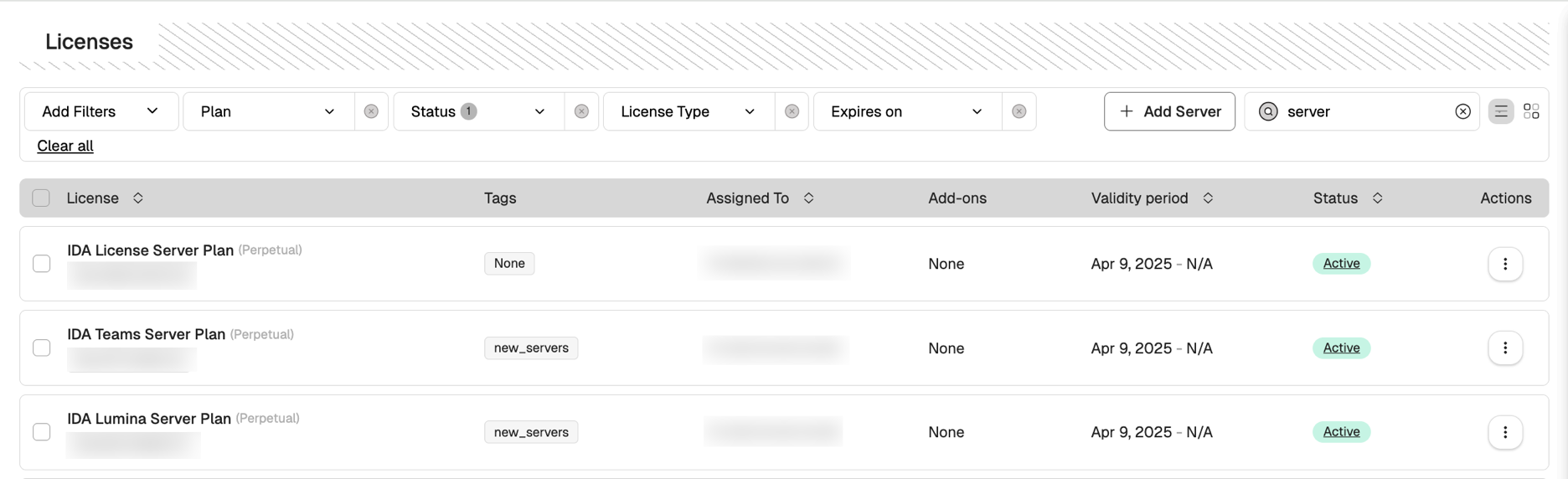 Active server licenses