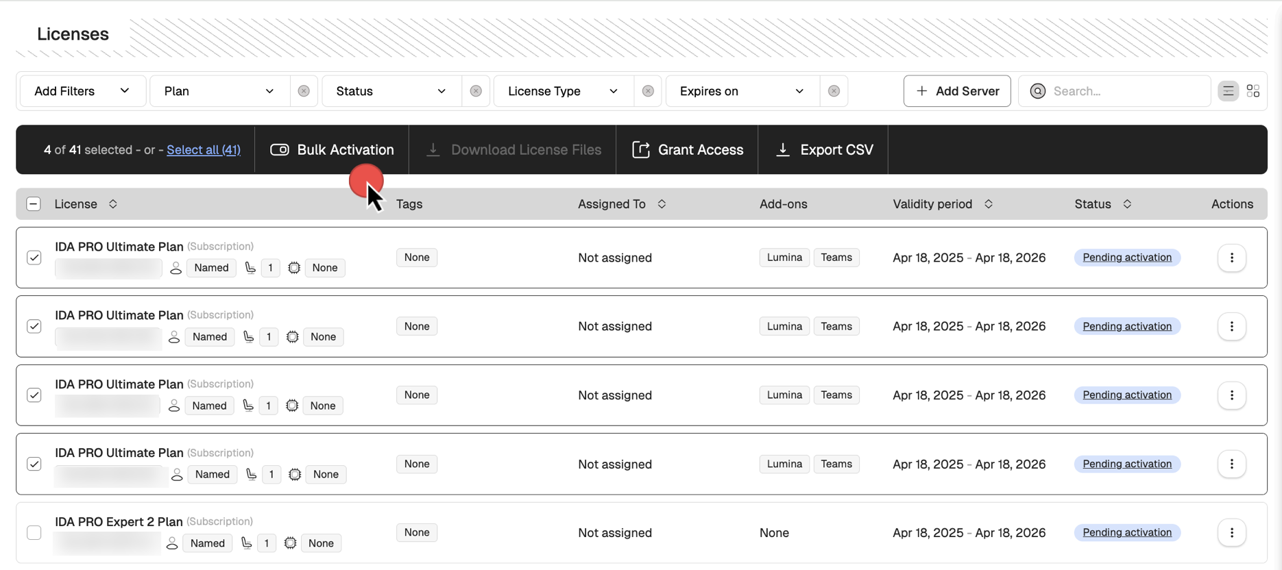 Bulk activate licenses