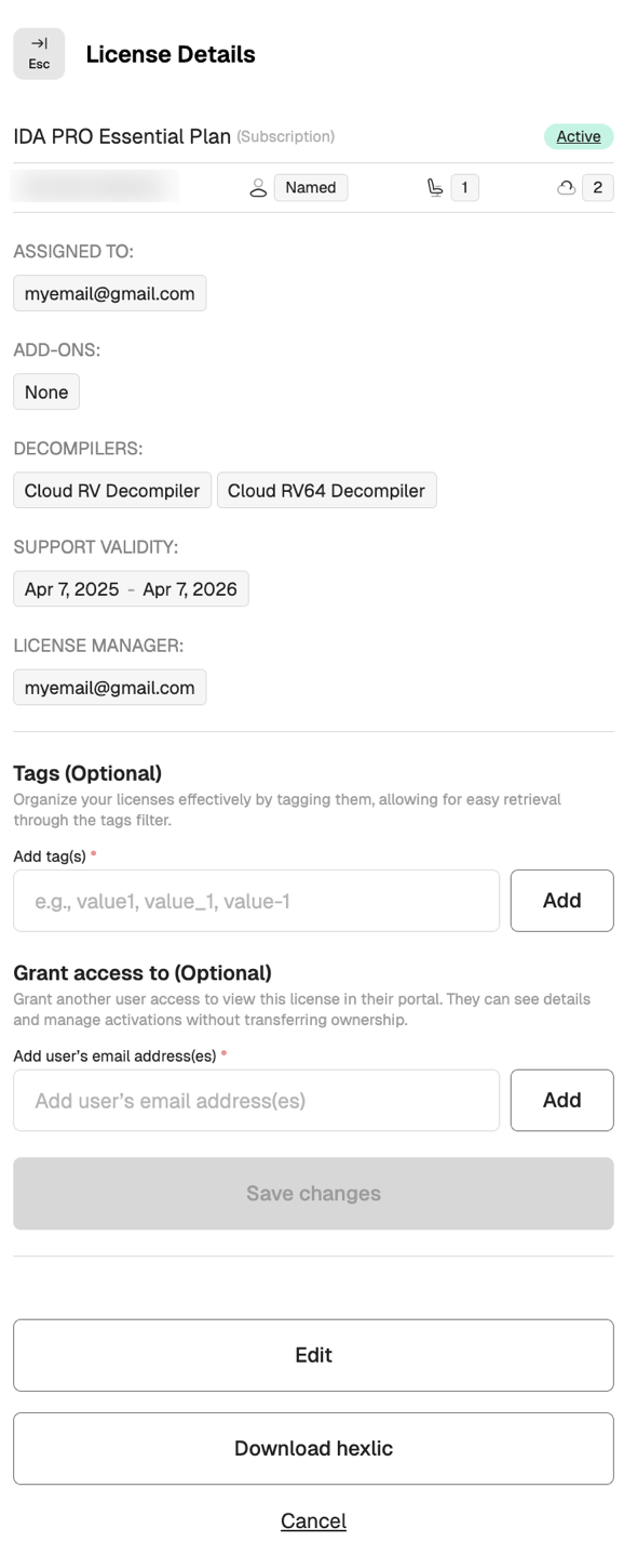 License Details view