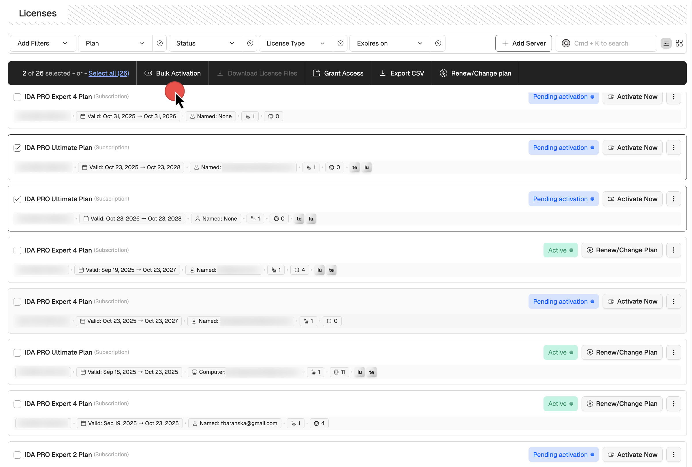 Bulk activate licenses