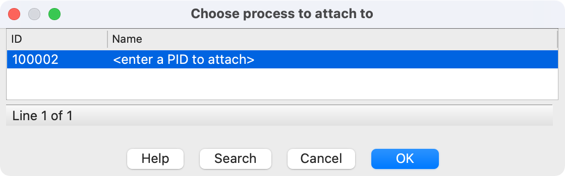 IDA Choose process dialog with a single entry “<enter a PID to attach>”
