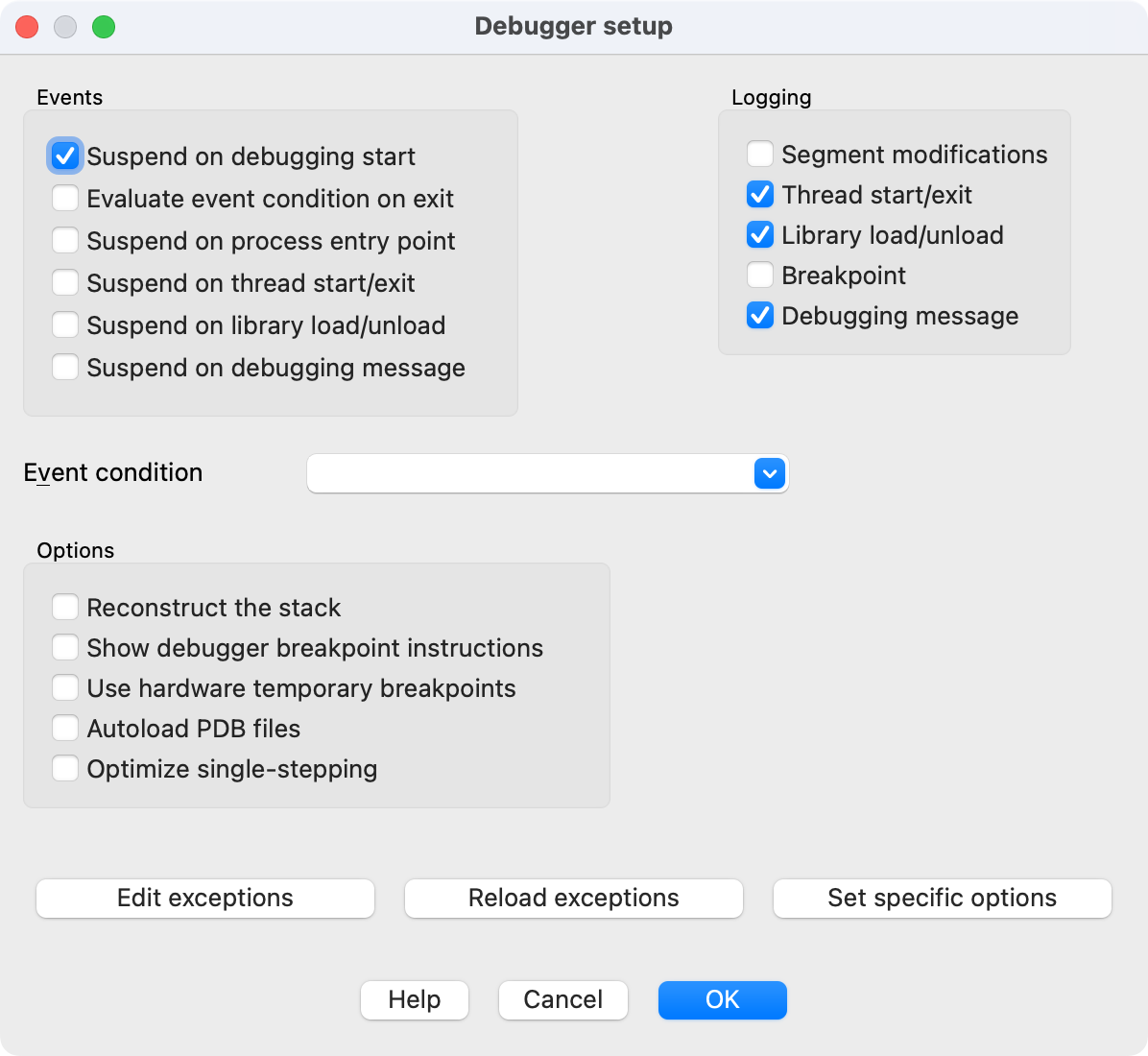 IDA Debug options dialog with “Suspend on debugging start” checkbox checked.