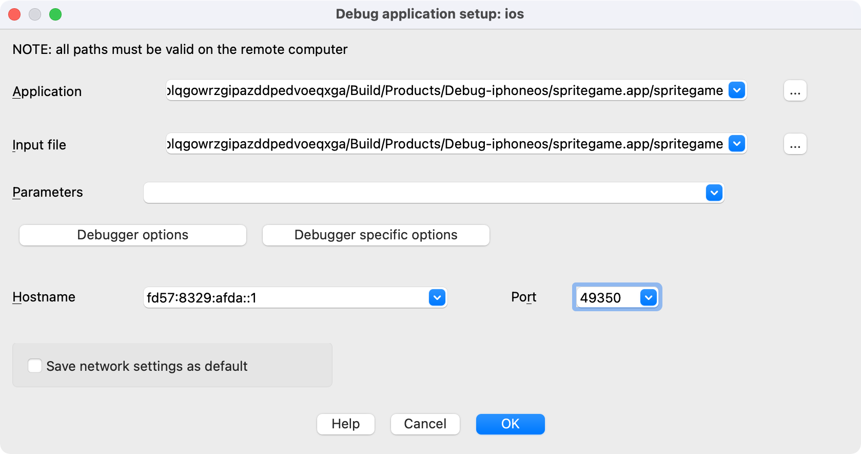 IDA debug application setup dialog with Hostname and Port fields filled-in