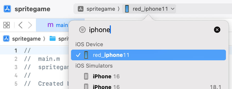 Xcode target device selection with an iPhone “red_iphone11” selected