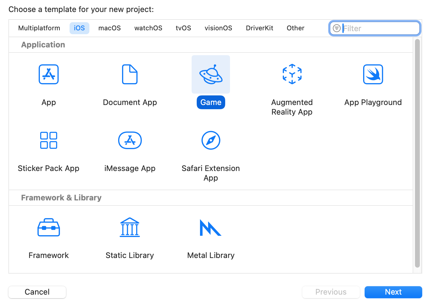 Xcode template selection dialog with iOS Game selected