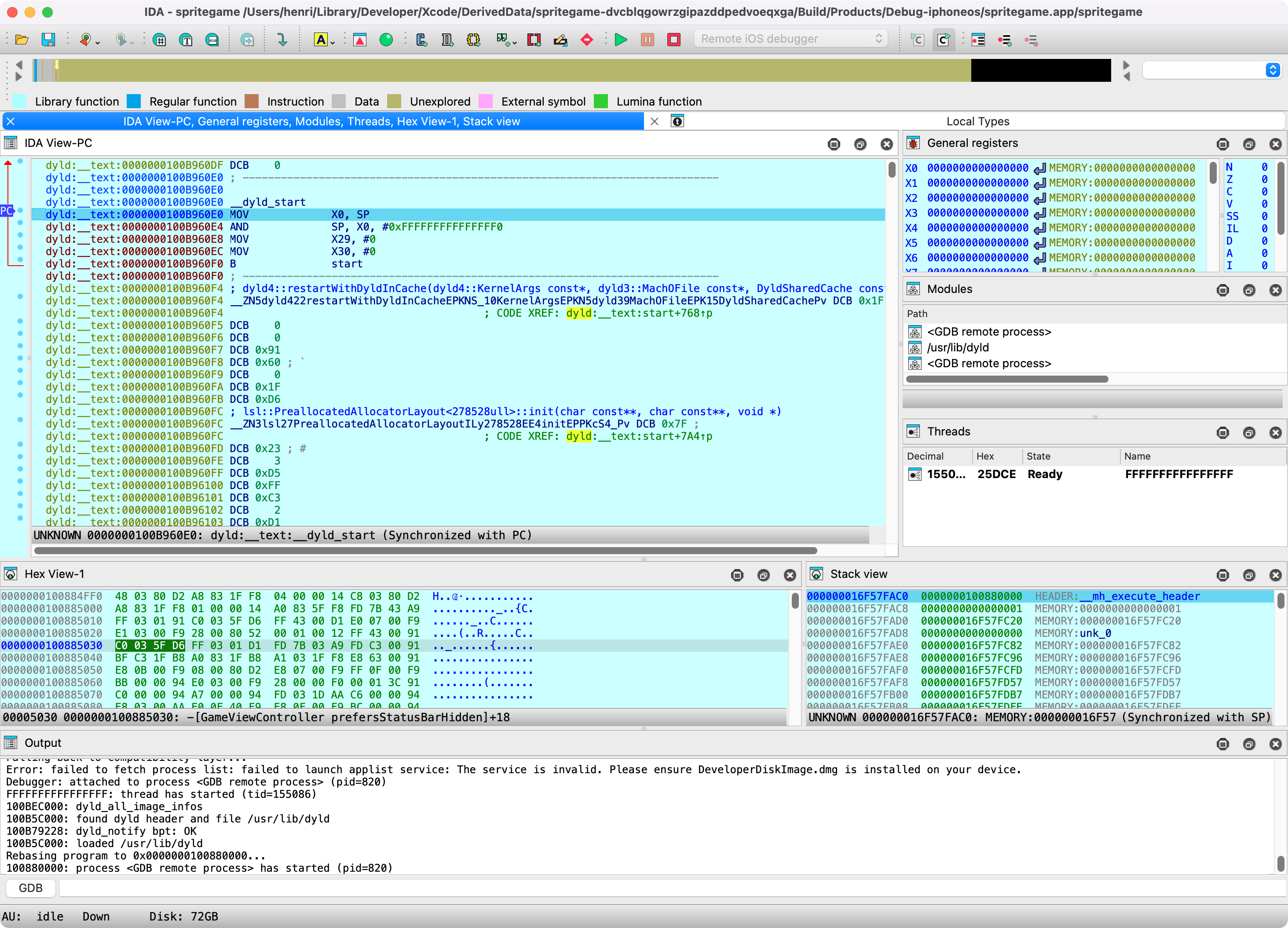 IDA debugging session successfully started, IDA View showing PC on first instruction of __dyld_start