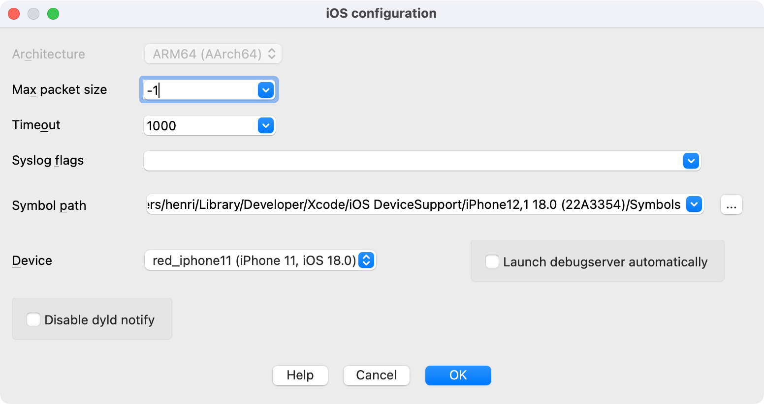 IDA iOS configuration dialog with Symbol path field filled-in