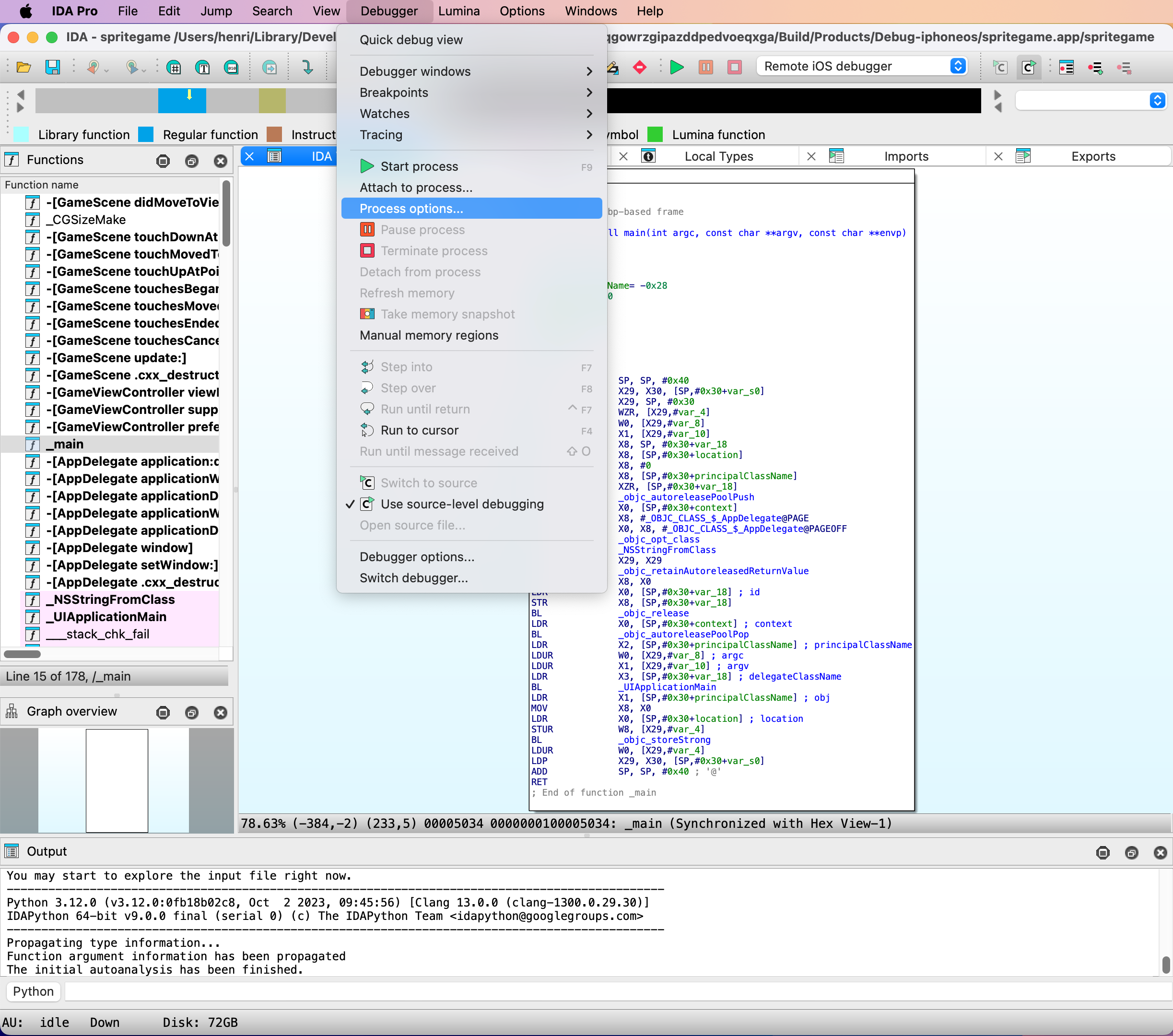 IDA with menu bar open on Debugger>Process options…
