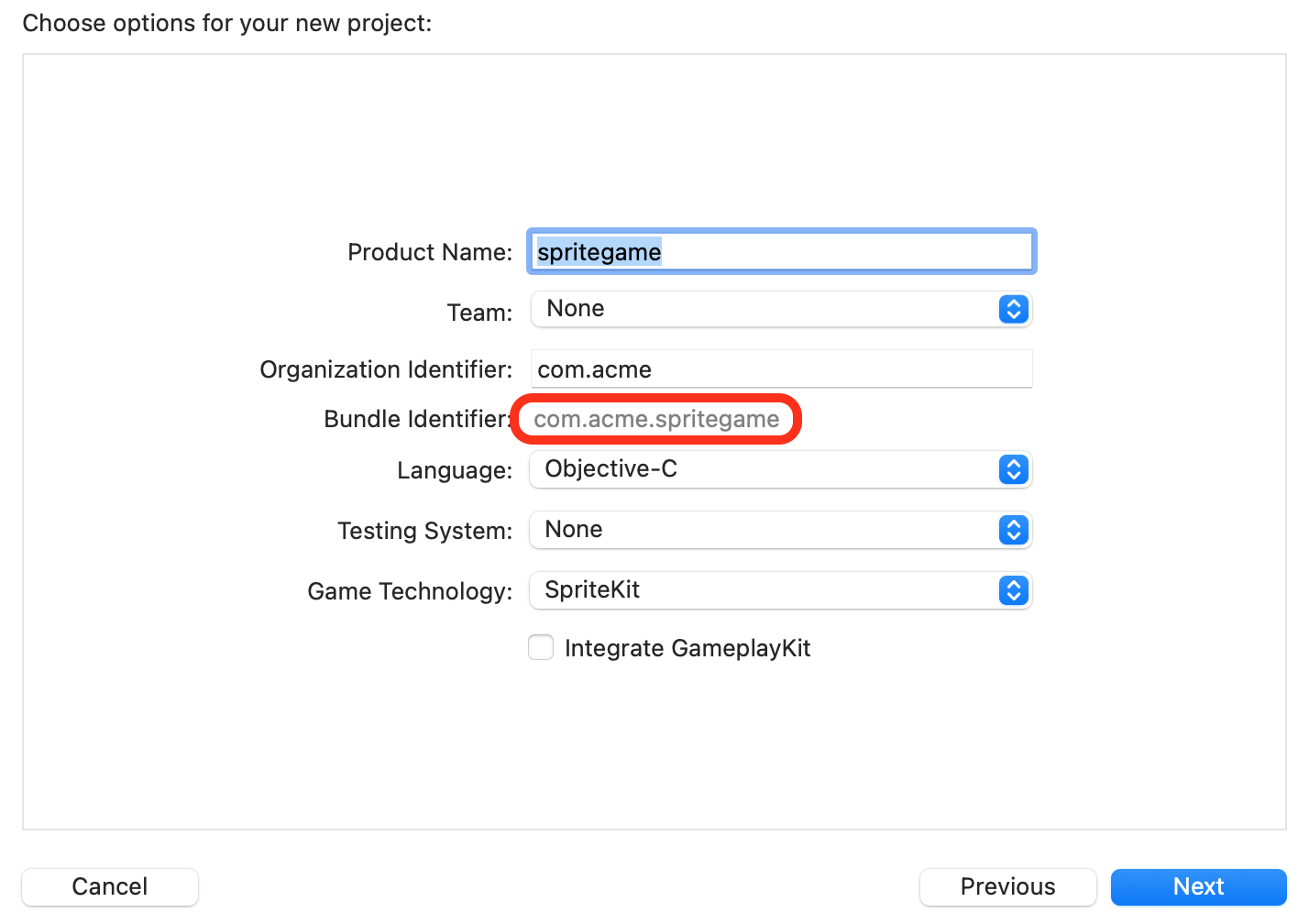 Xcode project options dialog with “spritegame” as the Product Name and the Bundle Identifier “com.acme.spritegame” highlighted in red