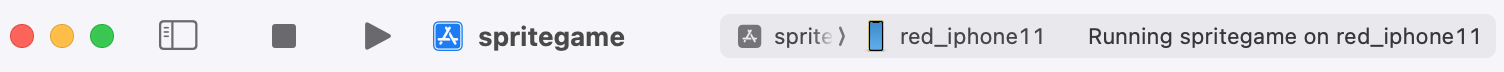 Xcode bar showing that spritegame is running on red_iphone11