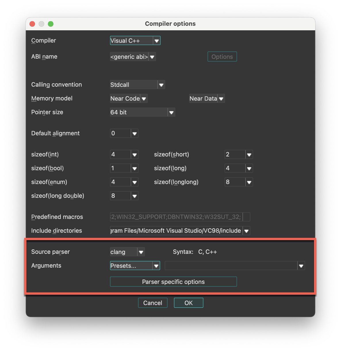 Parser settings in the Compiler options