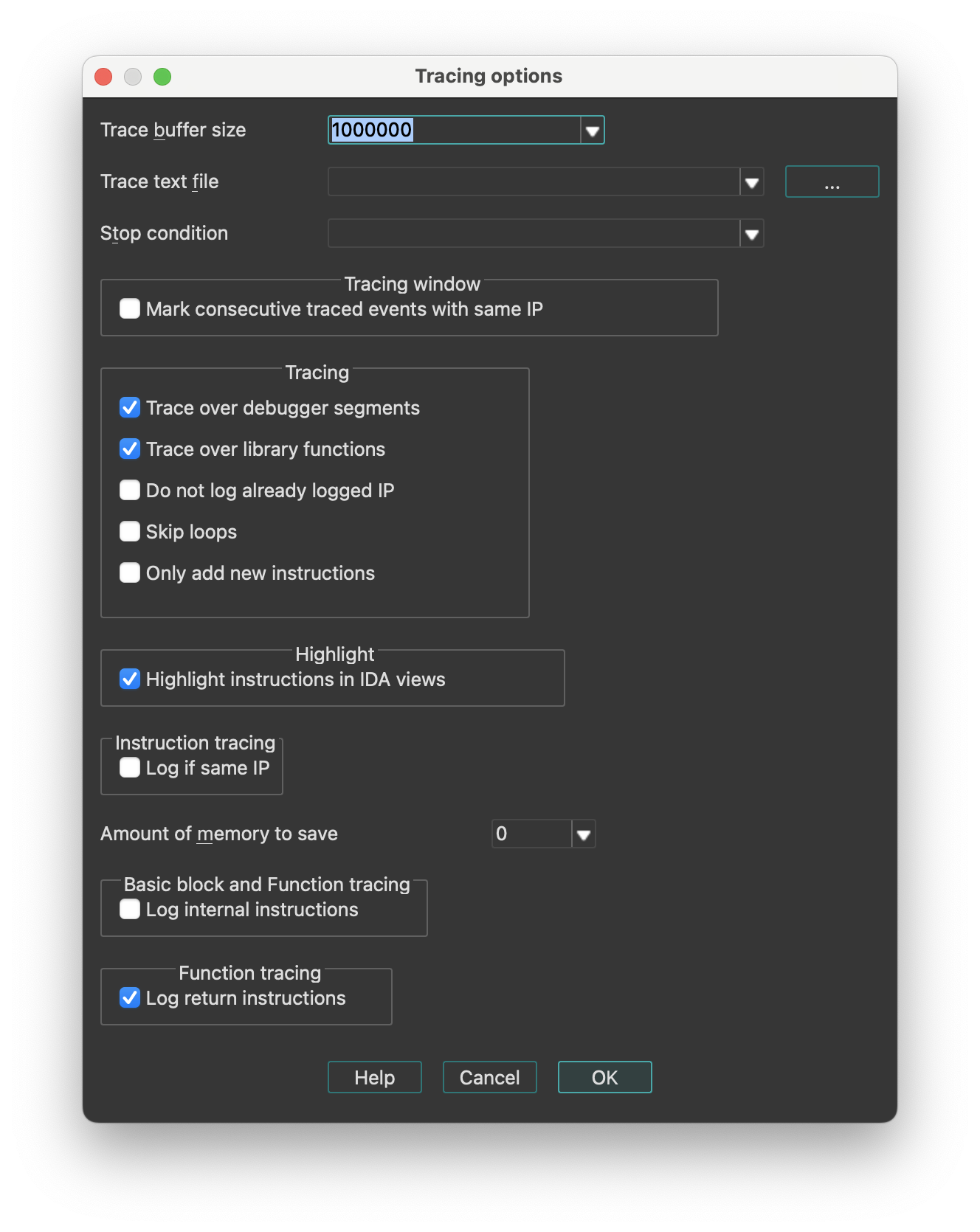 Tracing options dialog
