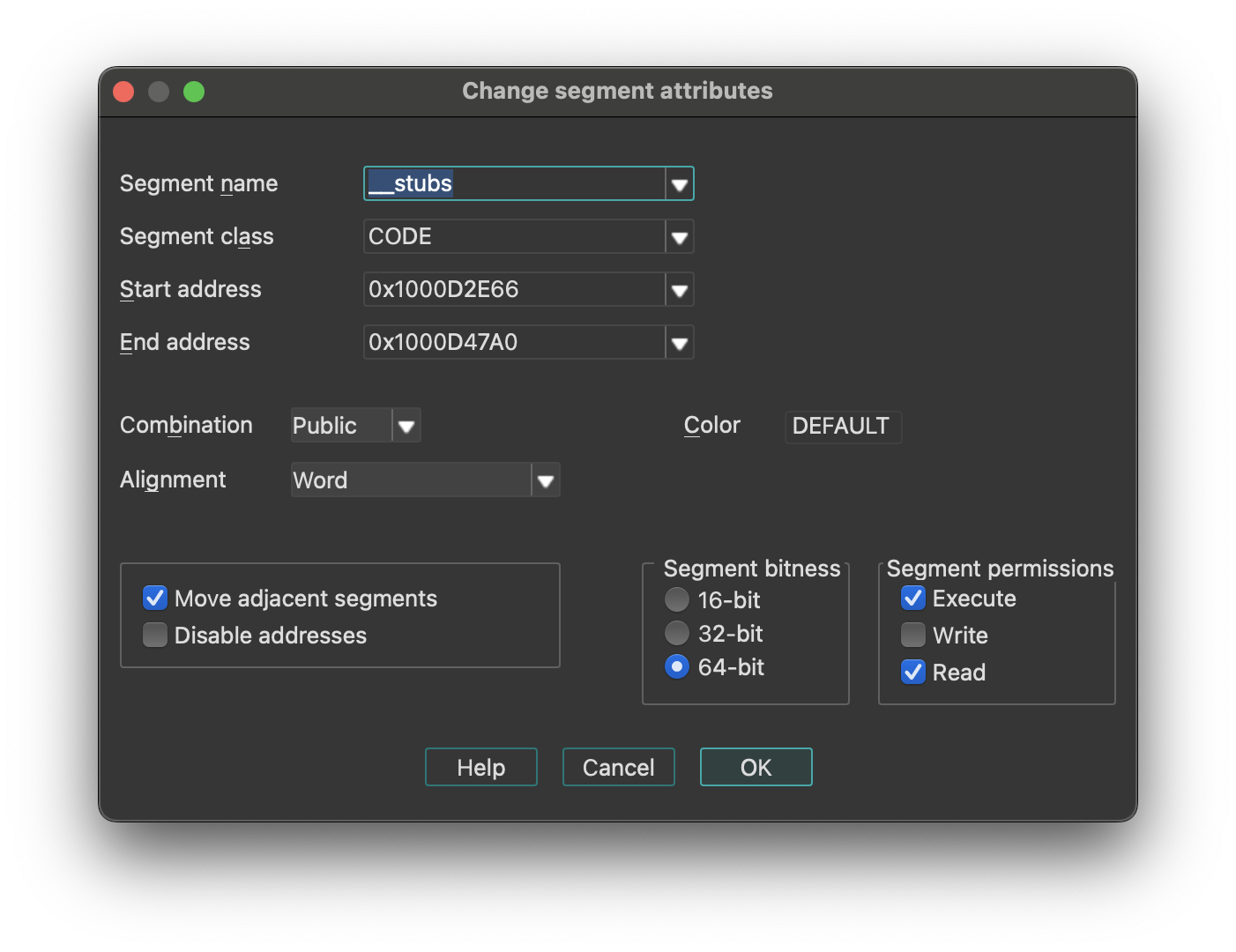 Change segment attributes dialog