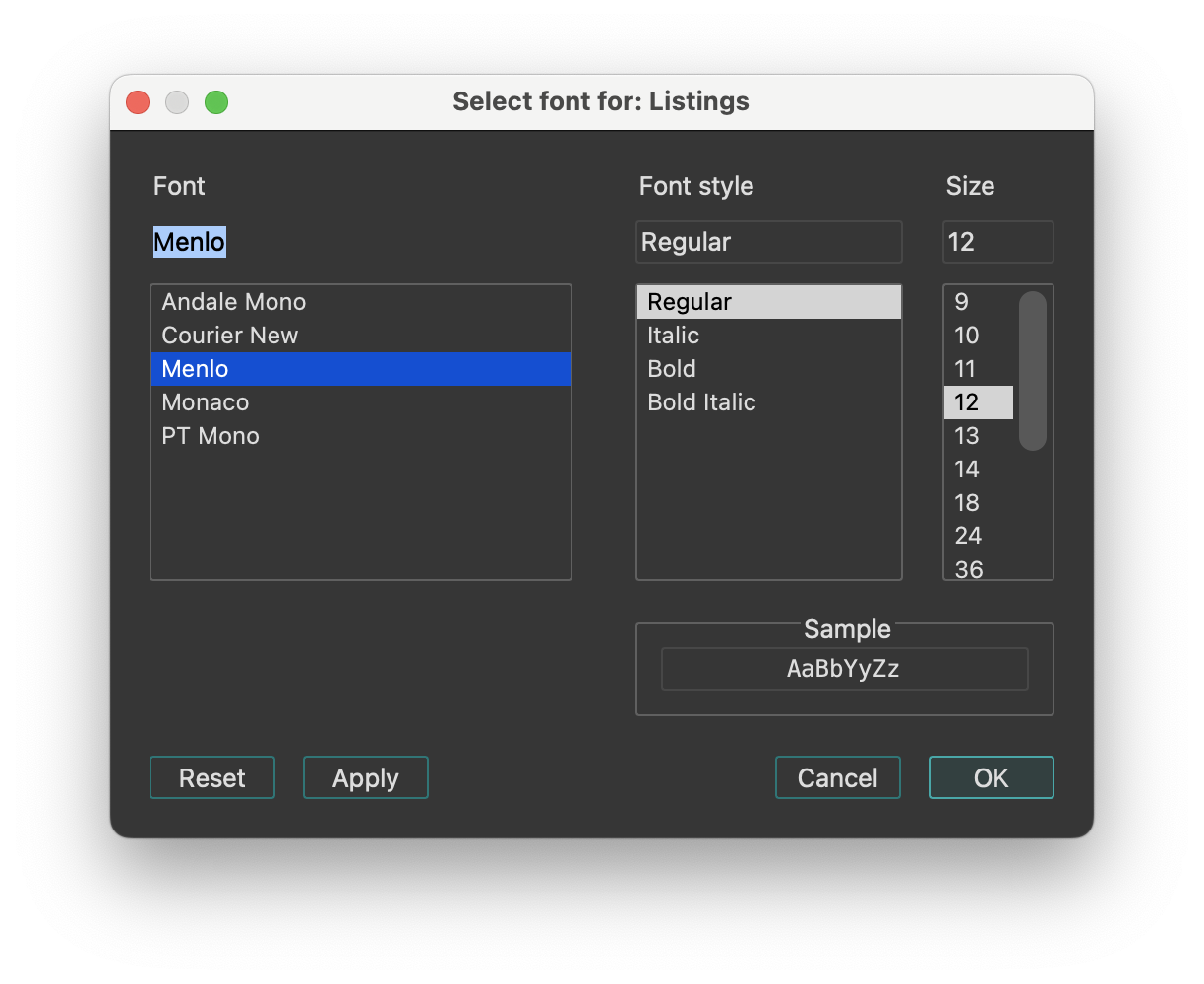 Select font for: Listings
