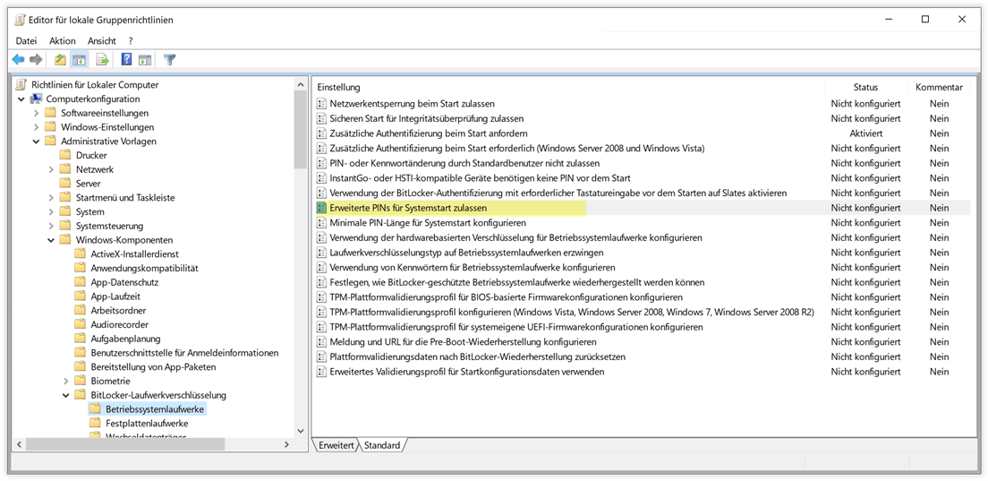 Erweiterte PINs für Systemstart zulassen