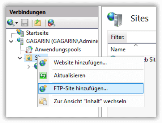 FTP-Site hinzufügen