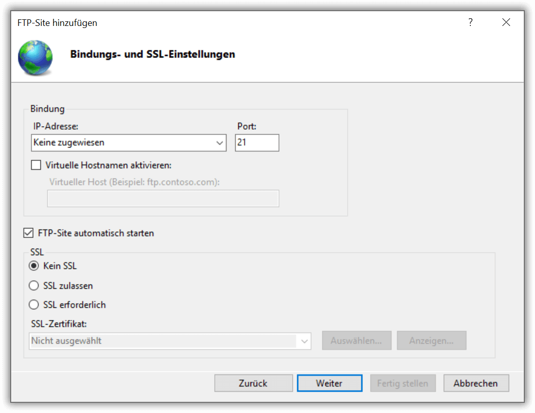 Bindungs- und SSL-Einstellungen