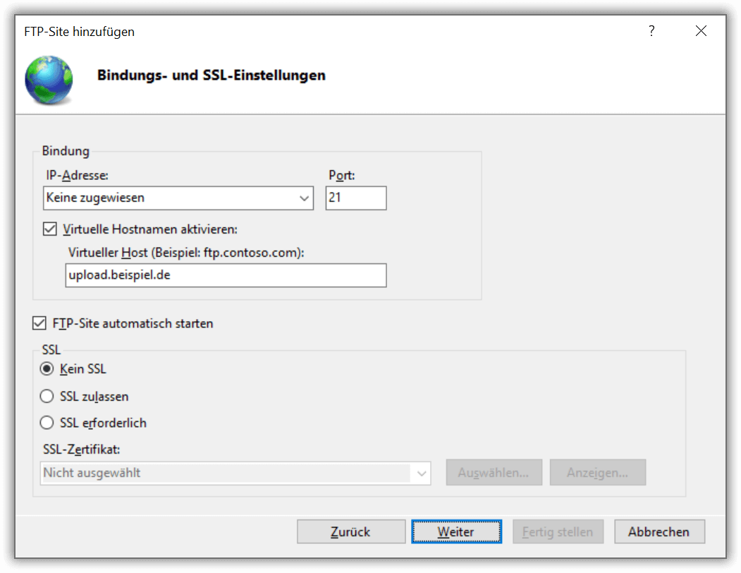 Bindungs- und SSL-Einstellungen