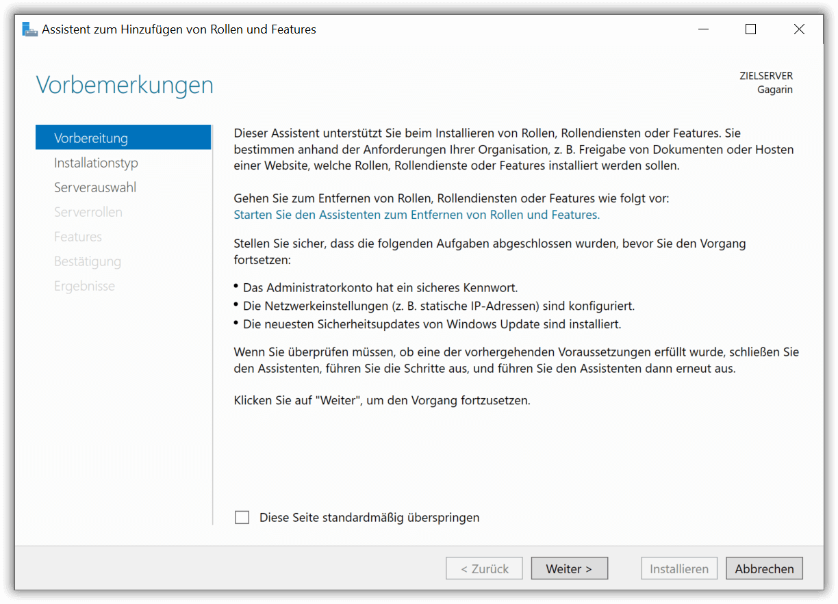 Assistent zum Hinzufügen von Rollen und Features starten