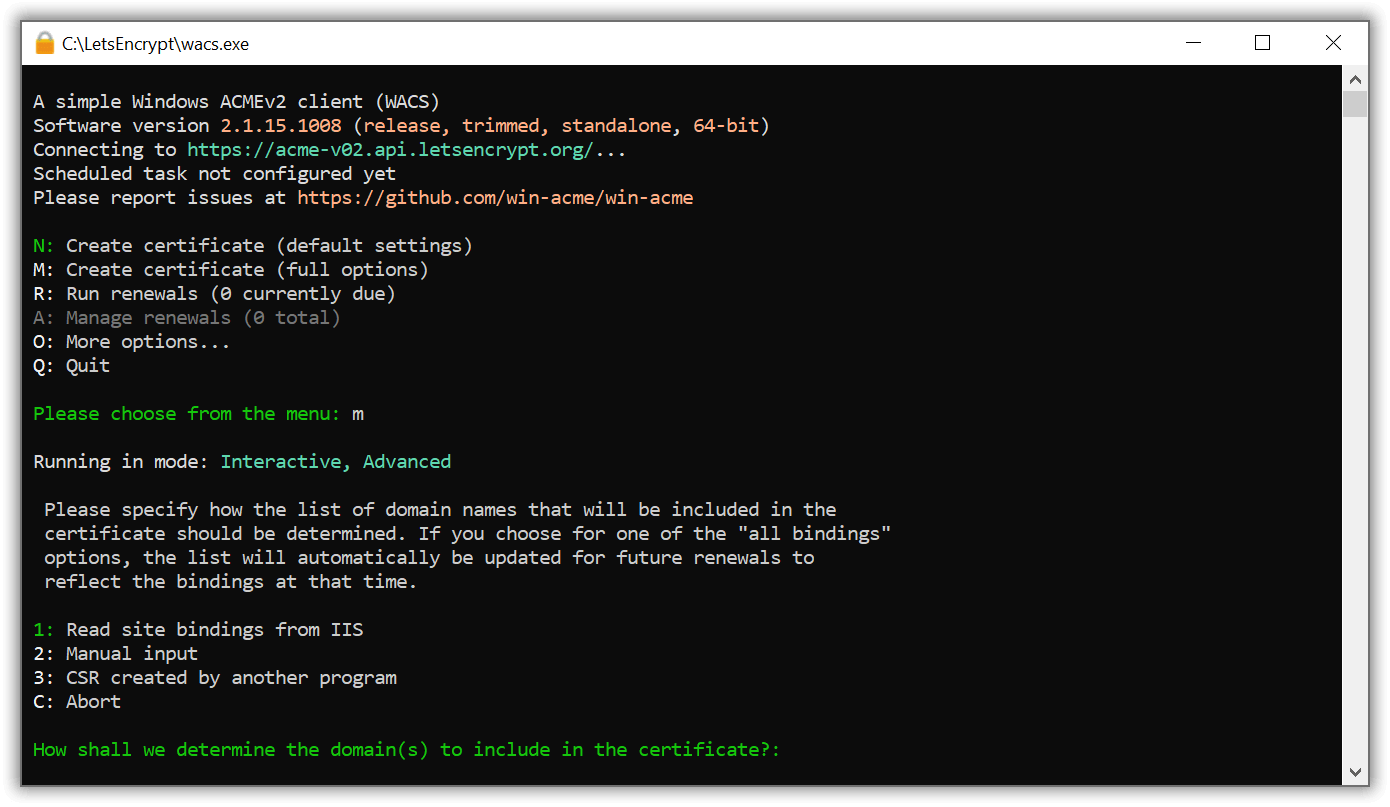 WACS: Create certificate (full option)
