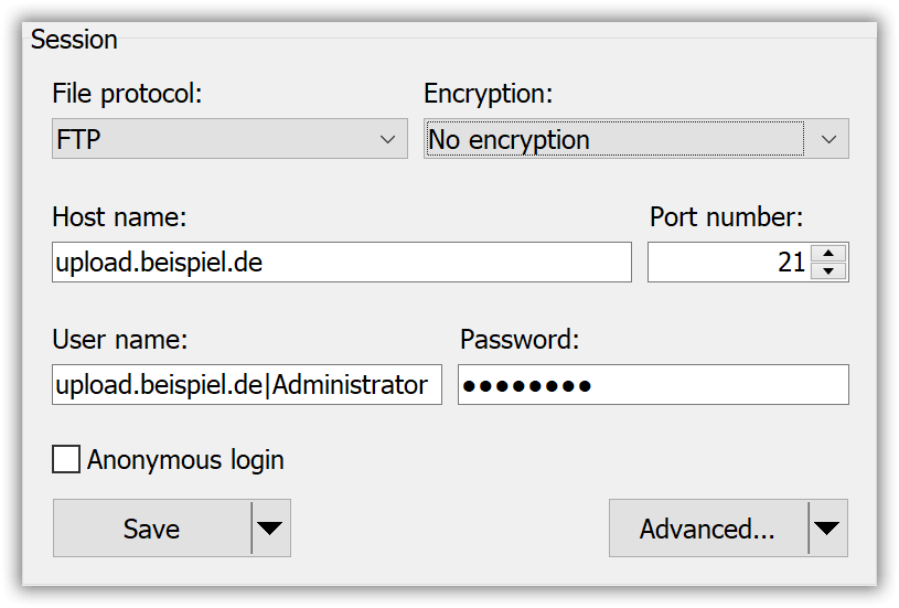 WinSCP: Anmeldung mit virtuellem Hostnamen