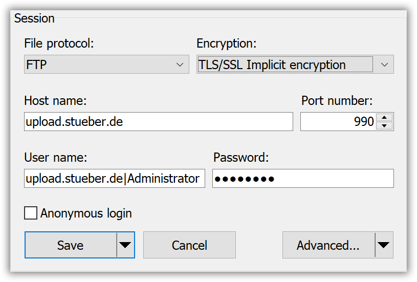 WinSCP: Verbindungsdaten für FTPS