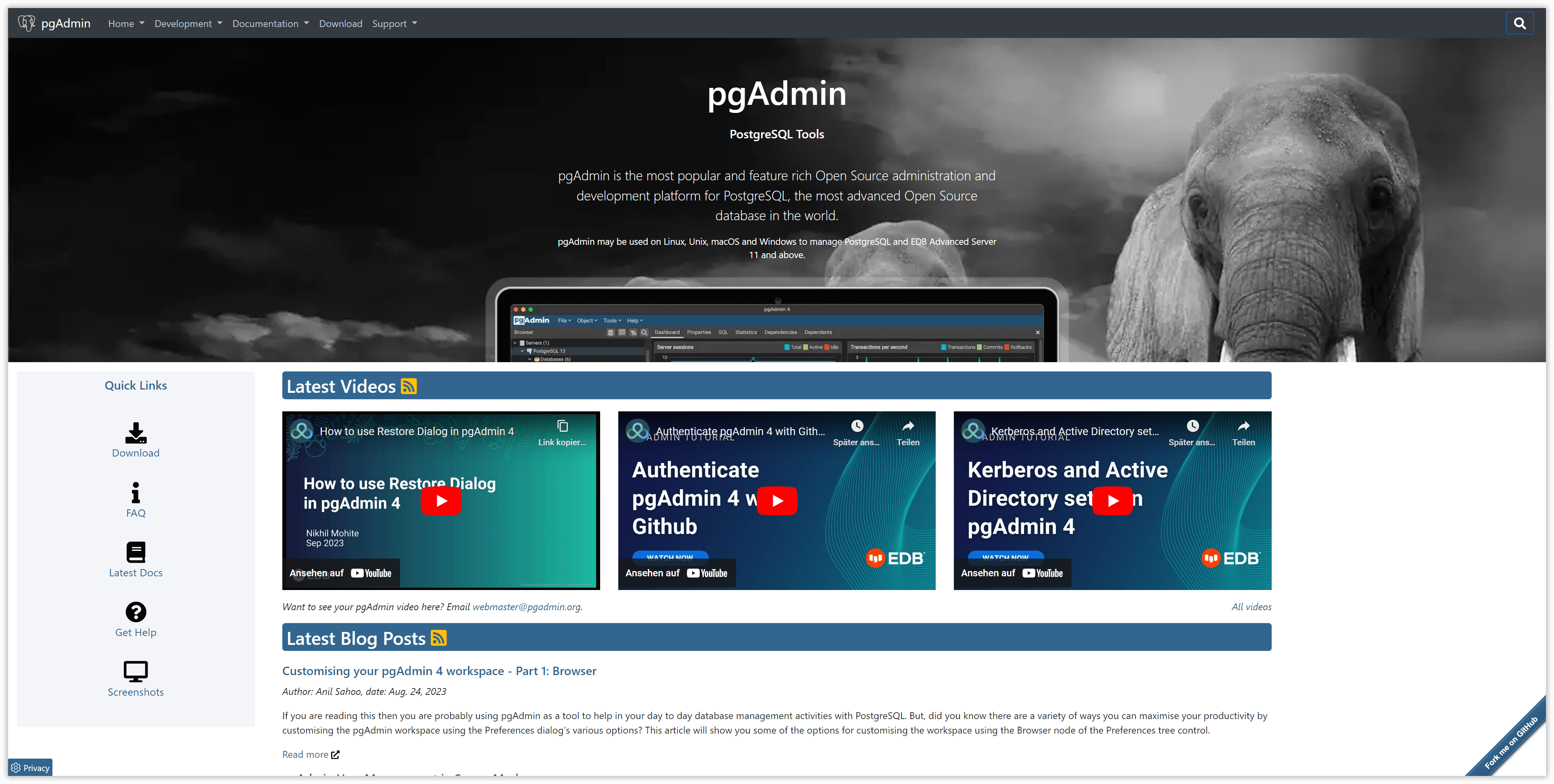 Die pgAdmin-Homepage