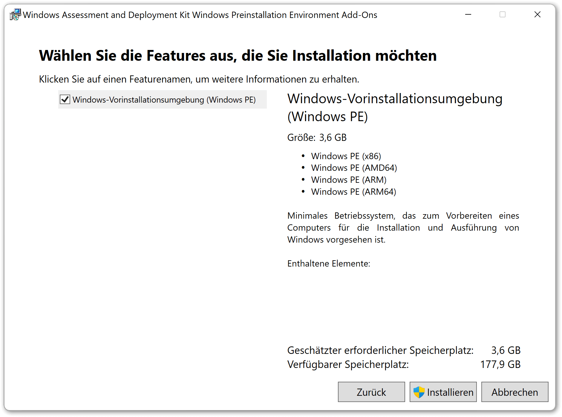 Windows PE als Add-On installieren