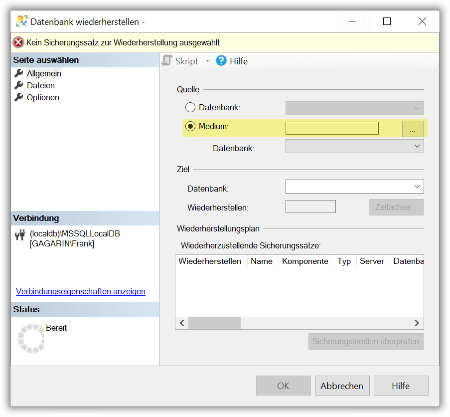 Dialogfenster Datenbank wiederherstellen