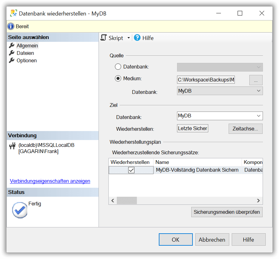 Backupdatei ausgewählt