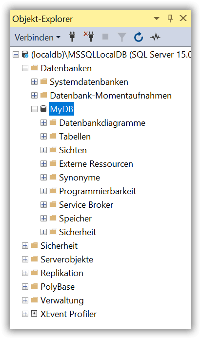 Unsere Datenbank im Objekt-Explorer