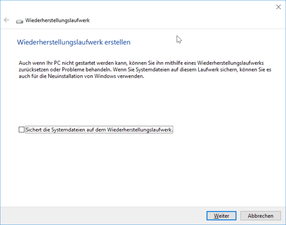Wiederherstellungslaufwerk erstellen