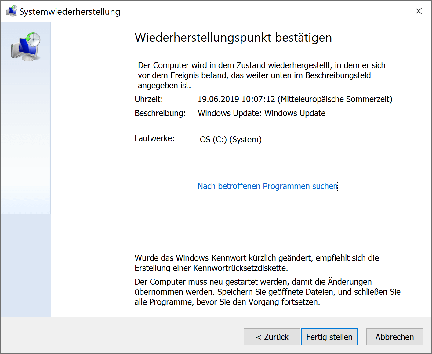 Wiederherstellungspunkt bestätigen