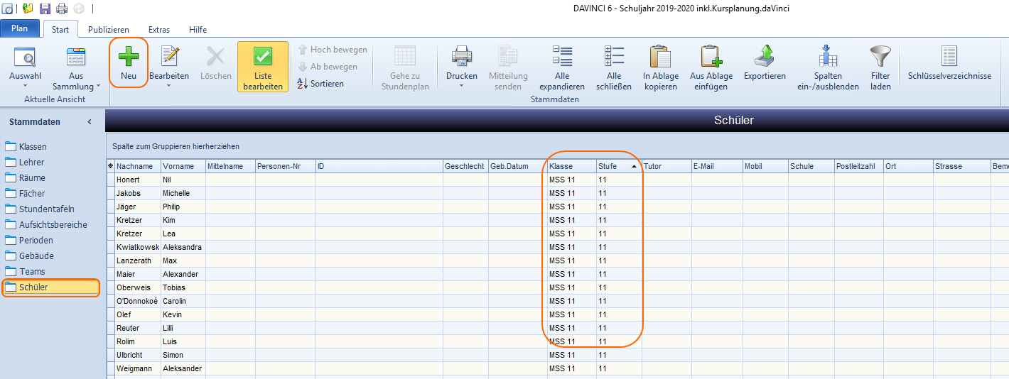 Ansicht Stammdaten > Schüler