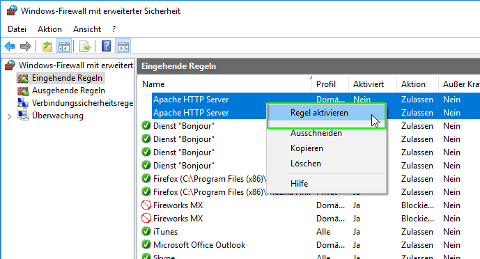 Eingehende Regeln "Apache HTTP Server" aktivieren