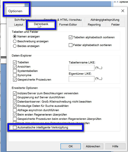 Bericht > Optionen > Datenbank