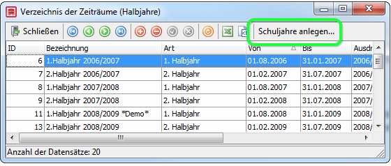 Schaltfläche zum Anlegen eines neuen Schuljahres