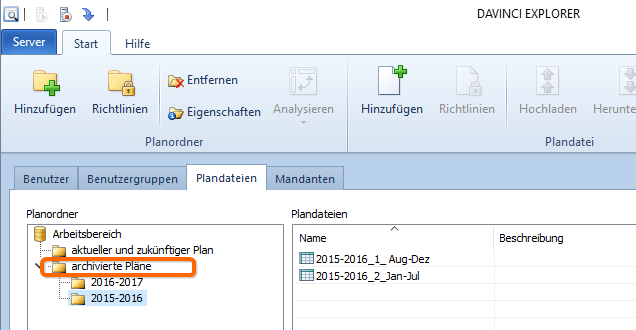 Verzeichnis für die archivierten Pläne