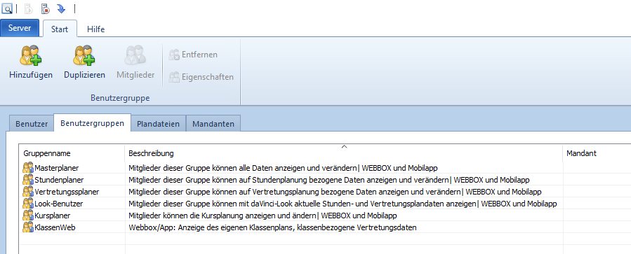 Beispiel für vorbereitete Benutzergruppen
