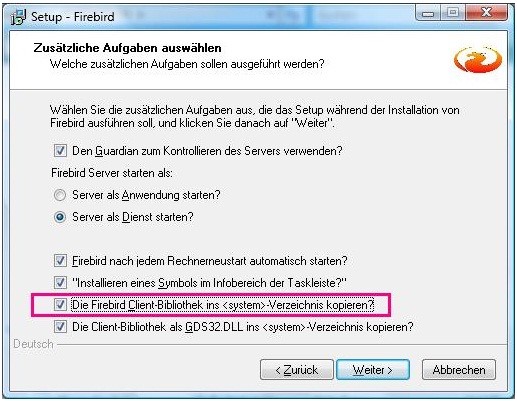 Einstellungen im Firebird Setup