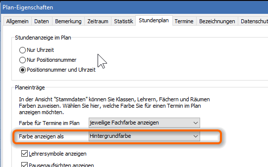 Plan > Eigenschaften > Stundenplan > Farbe anzeigen als
