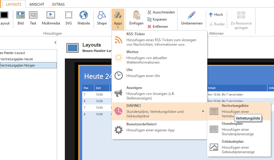 Fügen Sie die Vertretungslistenapp ein und positionieren sie in Ihrem Layout