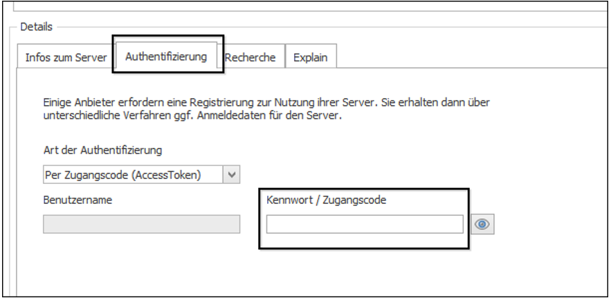 Auf der Registerkarte „Authentifizierung“ können Sie den Zugriffstoken einfügen.