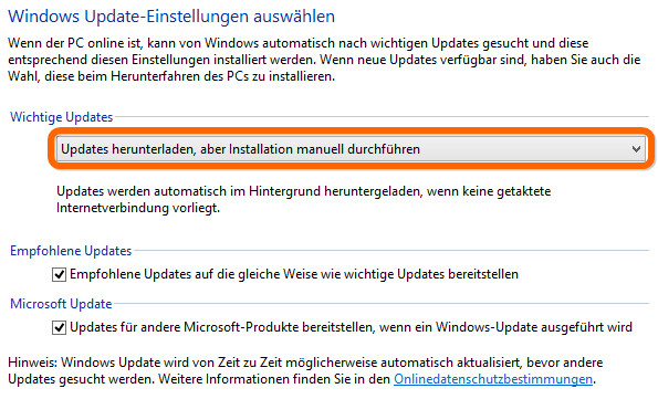  Updates herunterladen, aber Installation manuell durchführen
