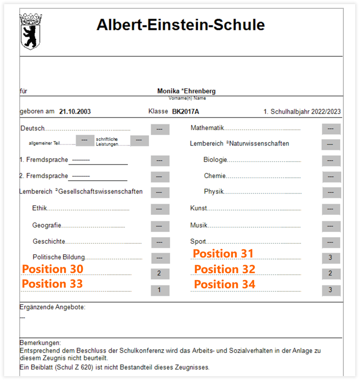Positionierung der Wahlfächer