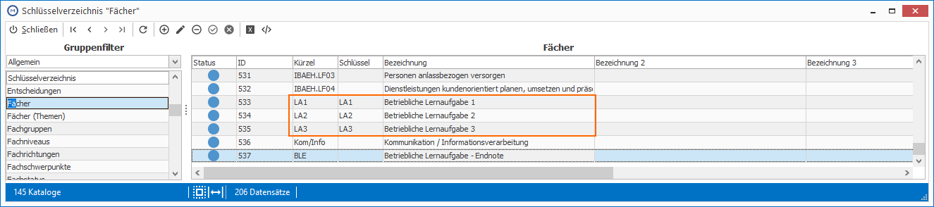 Schlüsselverzeichnisse > Fächer