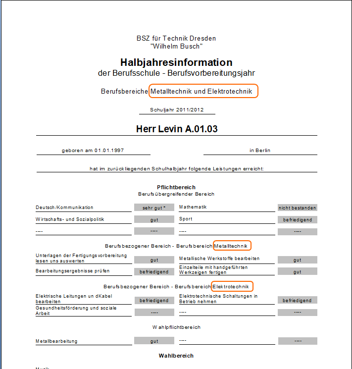 Ausgabe der Klassenmerkmale im Zeugnis