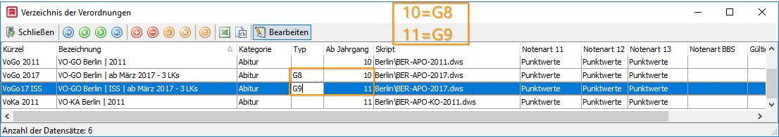Eintragung im Verzeichnis Verordnungen für Abiturberechnung und Fachwahl