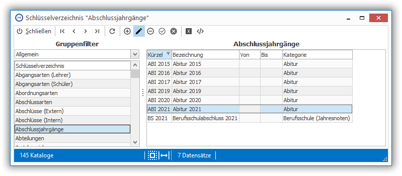 `Extras > Schlüsselverzeichnisse > Abschlussjahrgänge`