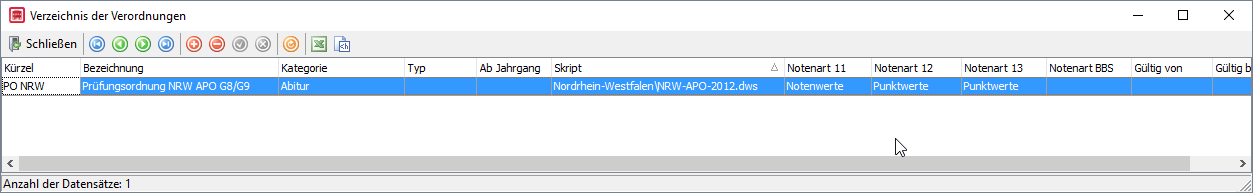 Bitte richten Sie für dieses Beispiel die Zeile im Verzeichnis Verordnungen wie abgebildet ein